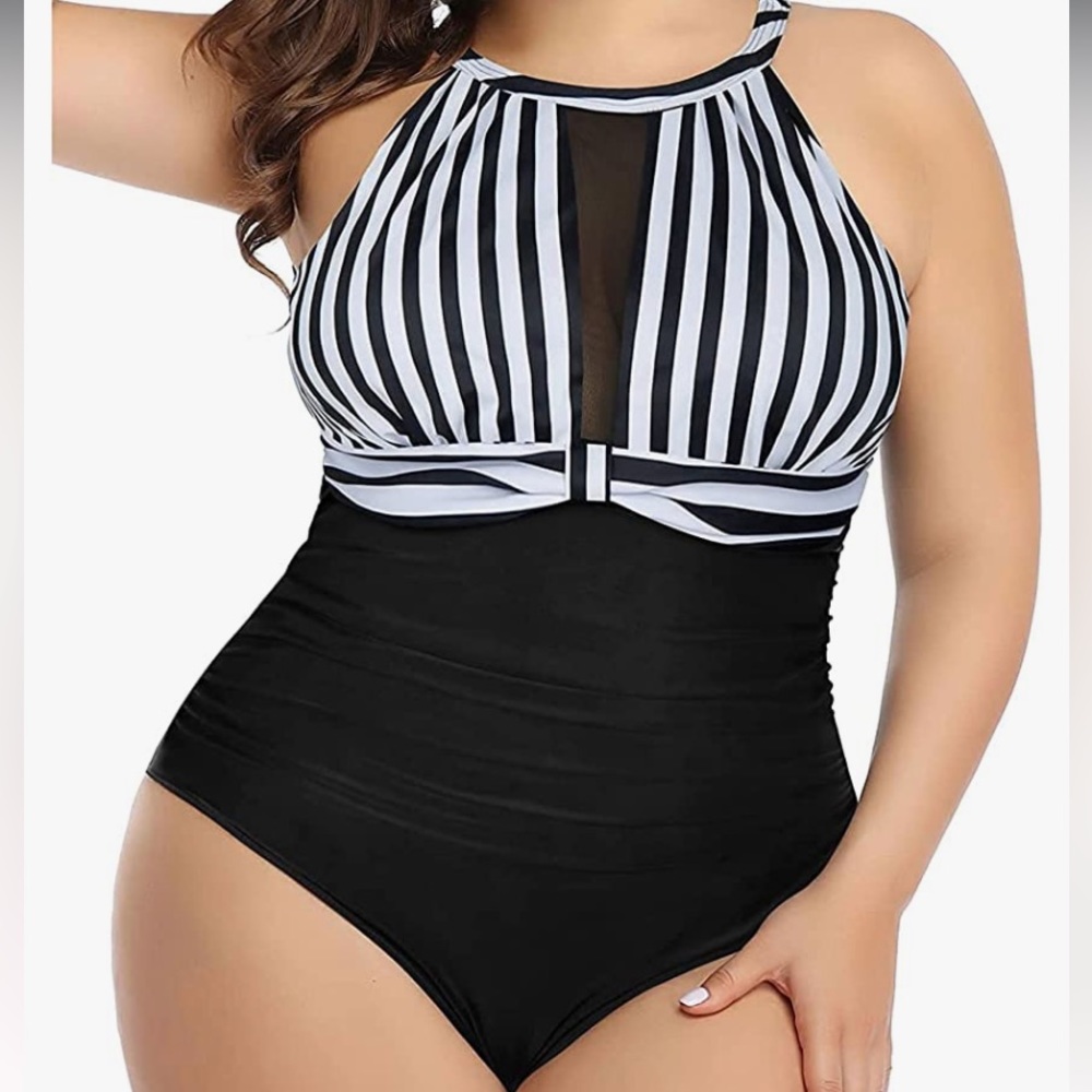 Tempt me Sexy black & white one piece swimsuit sheer V front size large NWT